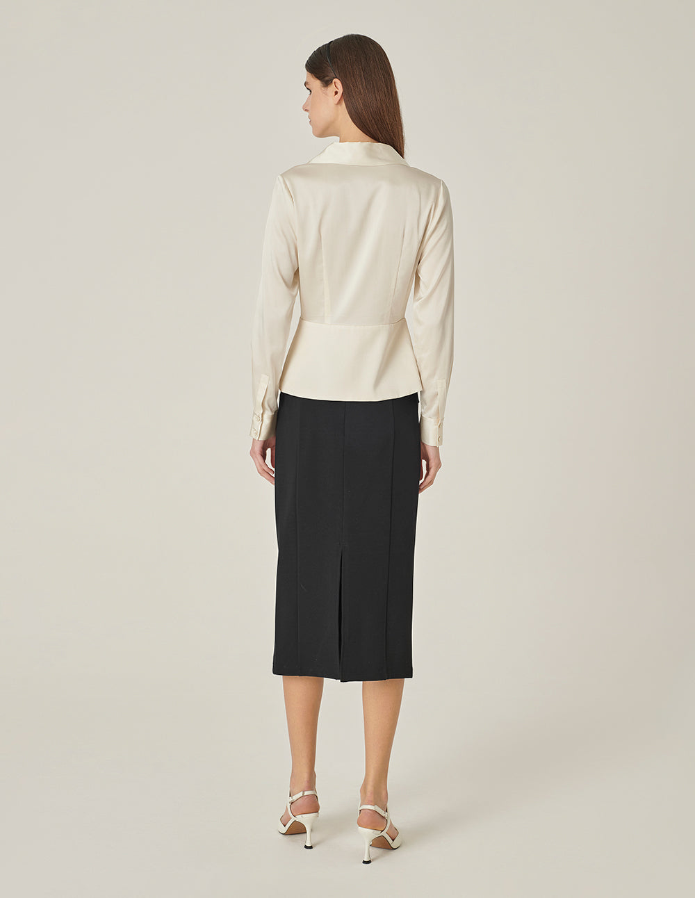 MARYLING V-Shaped Shirt-Collar Waisted Cream Silk Top