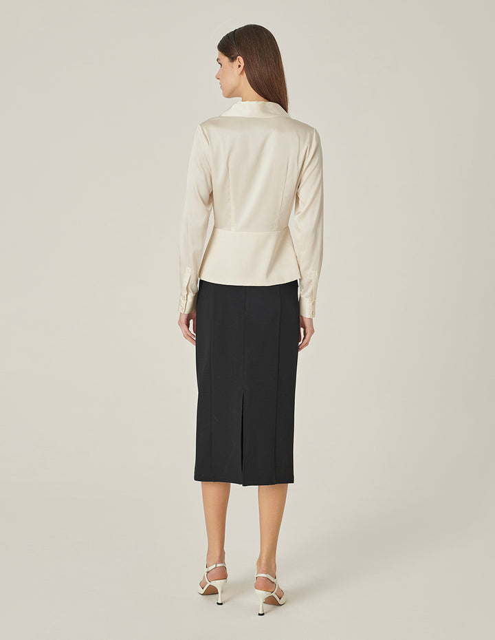 MARYLING V-Shaped Shirt-Collar Waisted Cream Silk Top