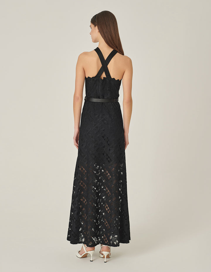 MARYLING Black Small Lapel Off-Shoulder Lace Fishtail Dress