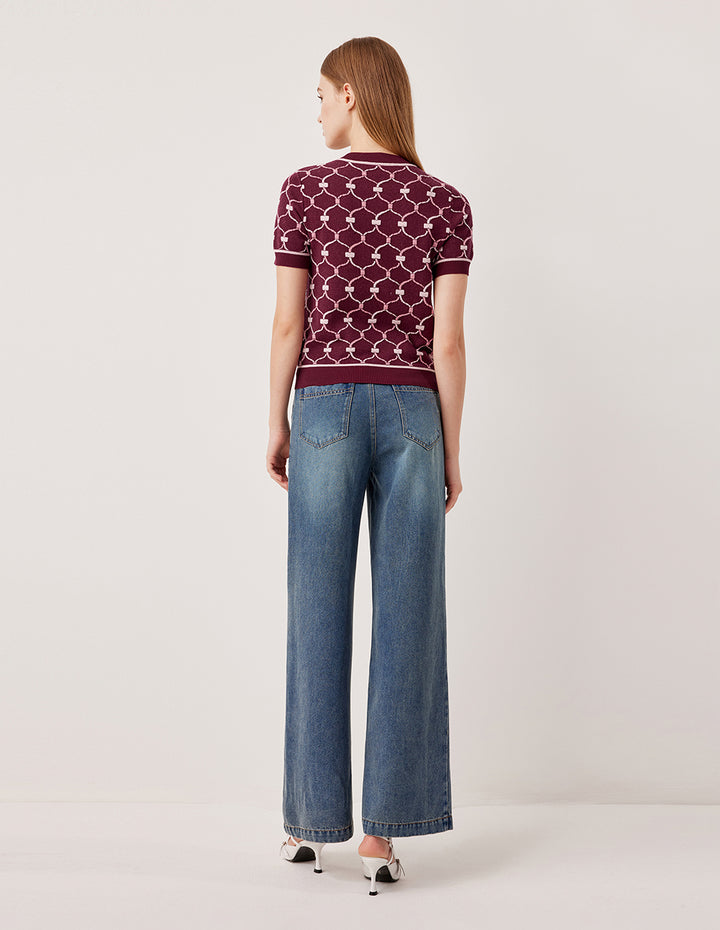 MARYLING Round Neck Short-Sleeve Woven Knitted Top