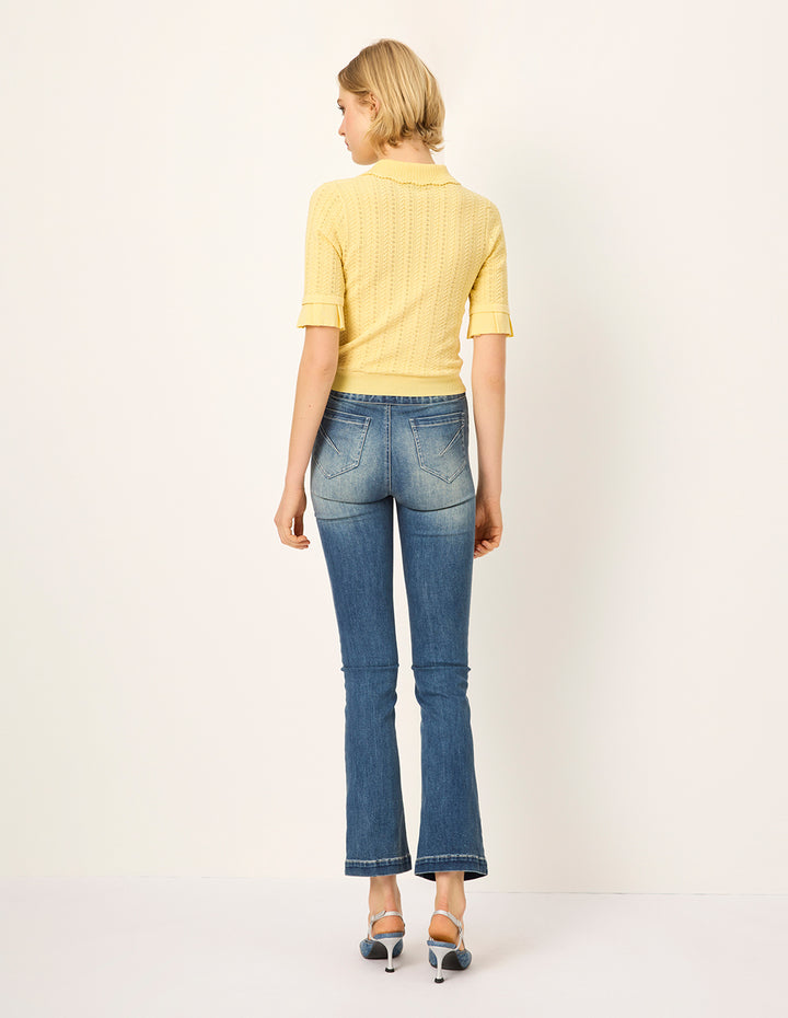 MARYLING Collared Short-Sleeve Silk Rib Knit Sweater