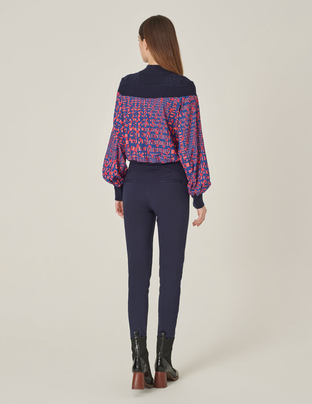 MARYLING V-Shaped Printed Patchwork Knitted Pullover