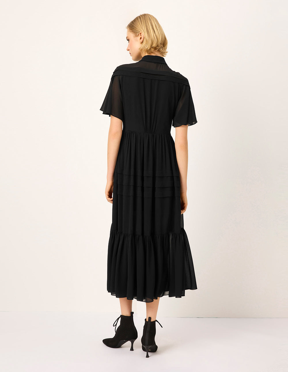 MARYLING Lapel Sheer Overlay Ruffled Short-Sleeve Pin-Tuck Empire-Waist Pleated Midi Dress