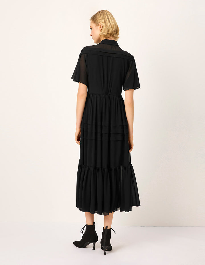 MARYLING Lapel Sheer Overlay Ruffled Short-Sleeve Pin-Tuck Empire-Waist Pleated Midi Dress
