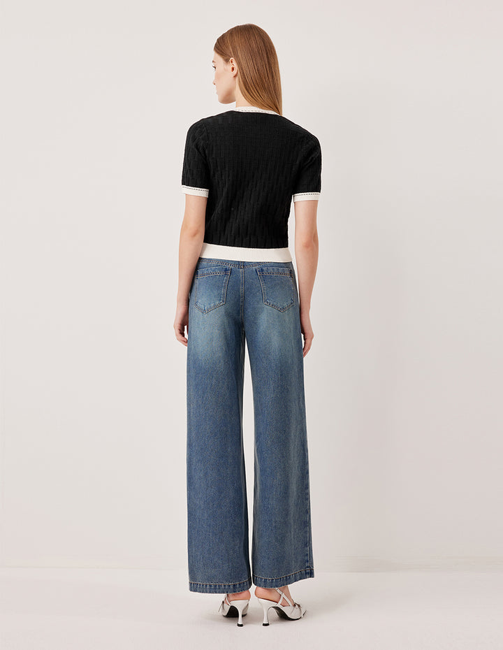 MARYLING Round Neck Half Sleeve White-Trimmed Knit Cardigan