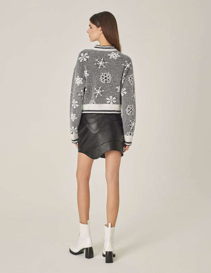 MARYLING Round Neck Snow-Flower Long-Sleeve Jacquard Knitted Cropped Pullover