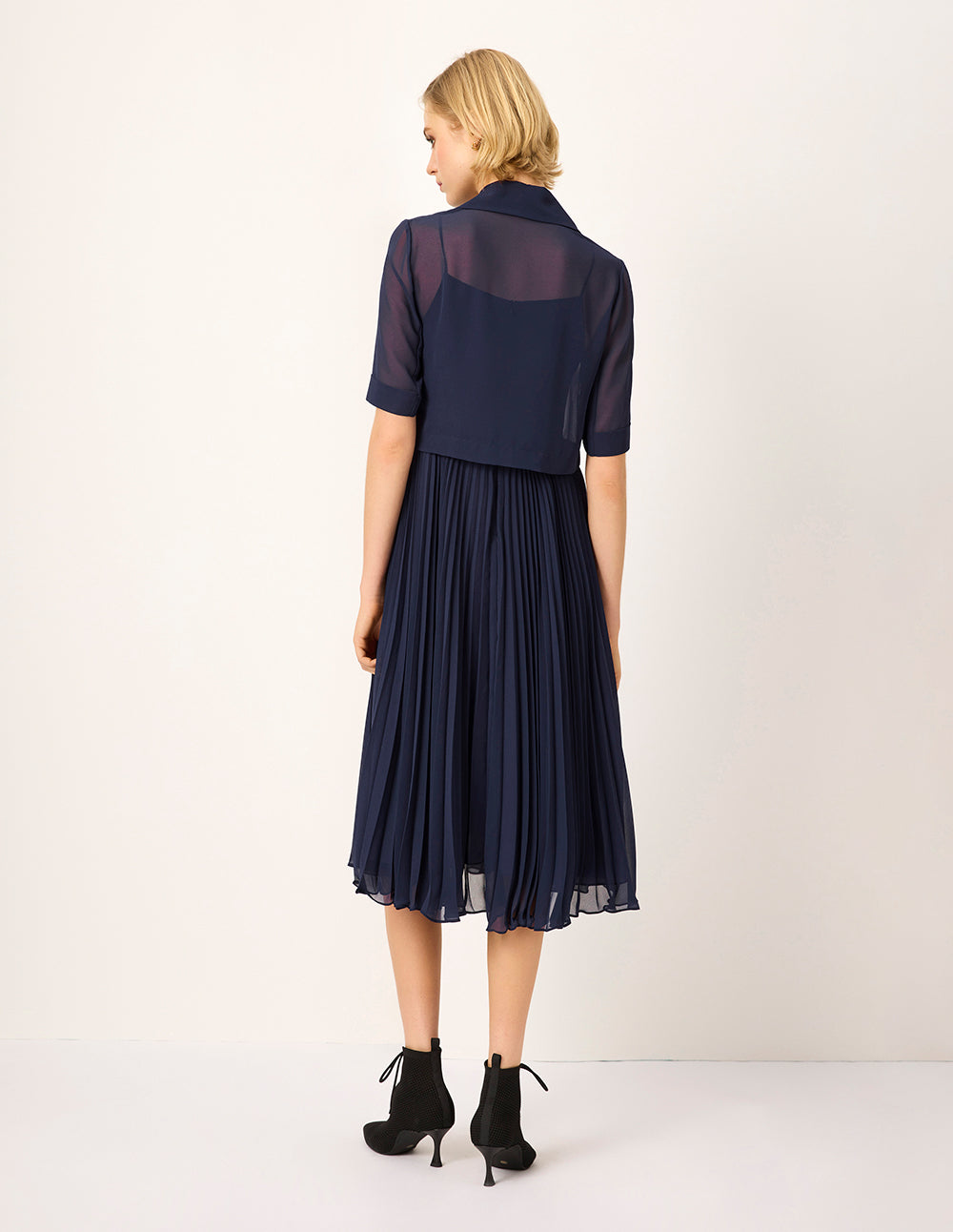 MARYLING Structured Collar Double-breasted Trench-Inspired Faux Two-Piece Pleated Midi Dress