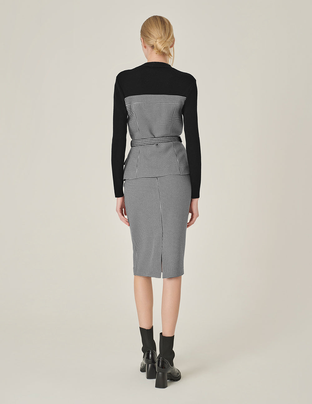 MARYLING Houndstooth Patchwork Knitted Top With Belt