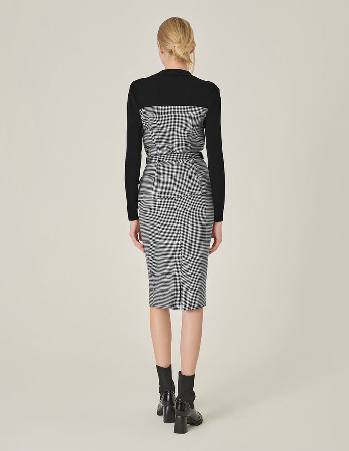 MARYLING Houndstooth Patchwork Knitted Top With Belt