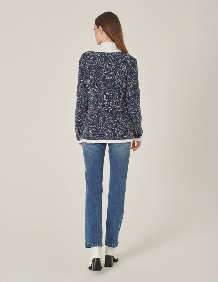 MARYLING Tweed Multi-Pocket V-Neck Knitted Cardigan