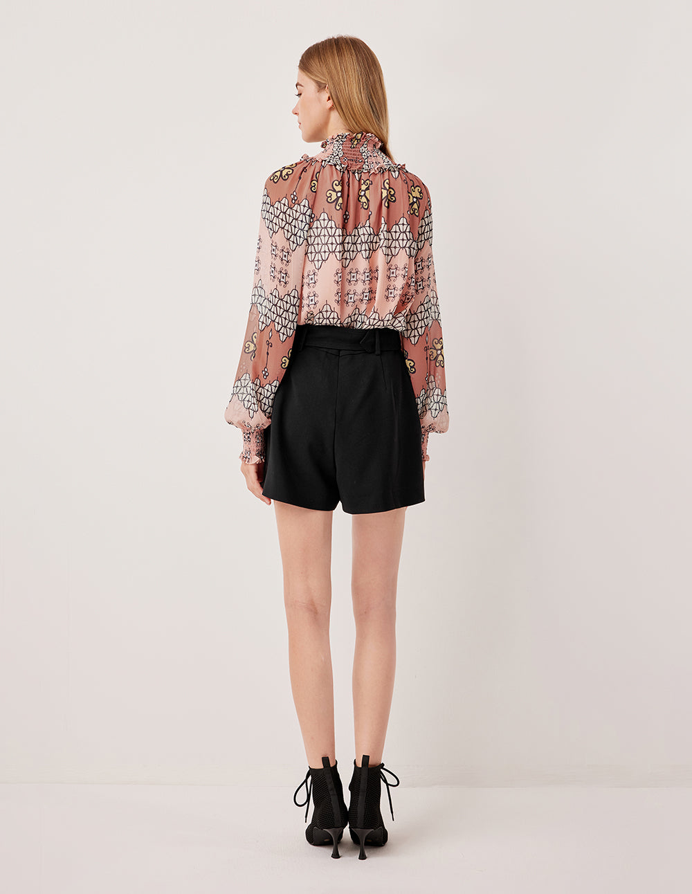 MARYLING Ruffle Turtleneck Long-Sleeve Floral Print Blouse