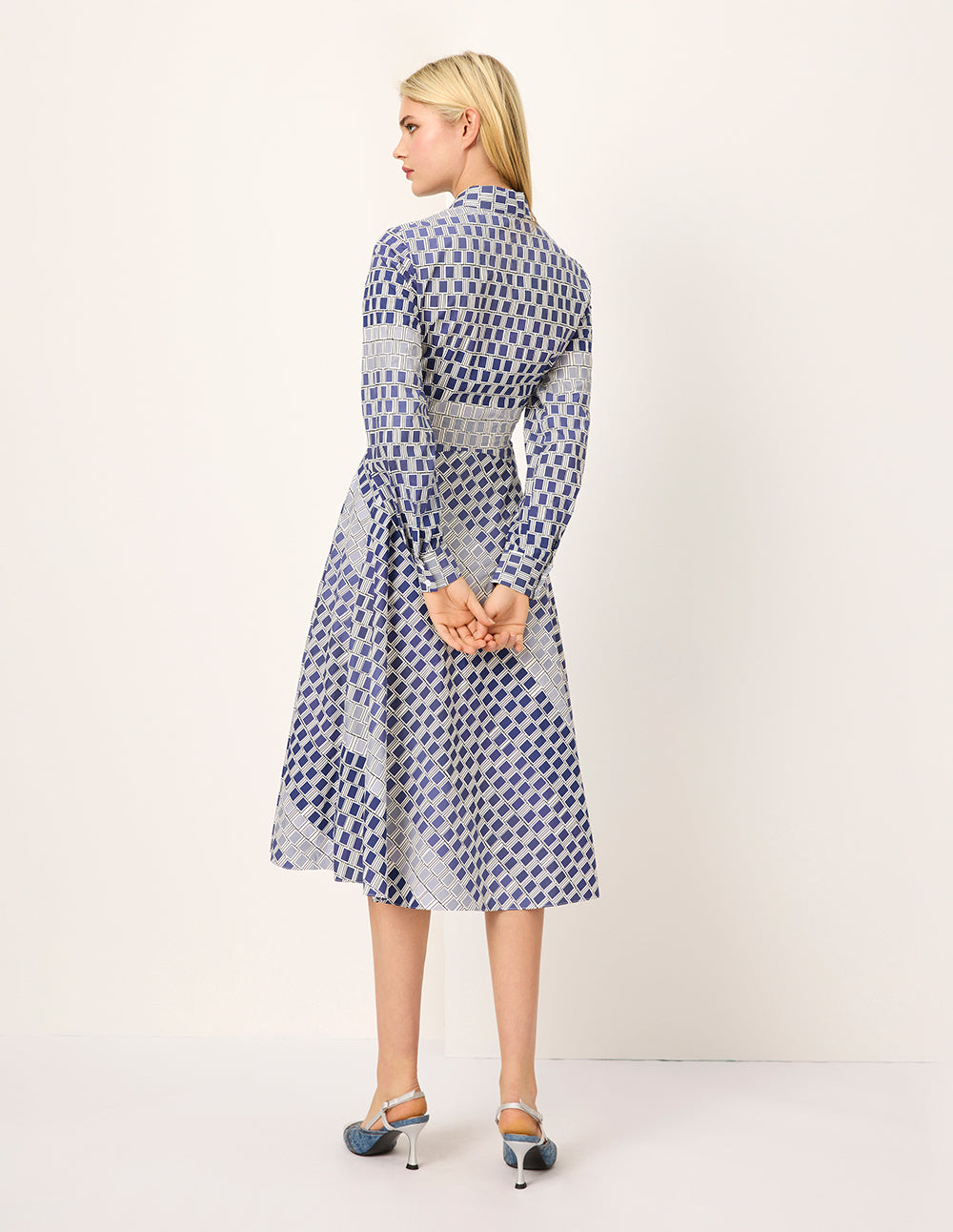 MARYLING Check-patchwork Plaid Tie-Waist Pleated Midi Shirt Dress