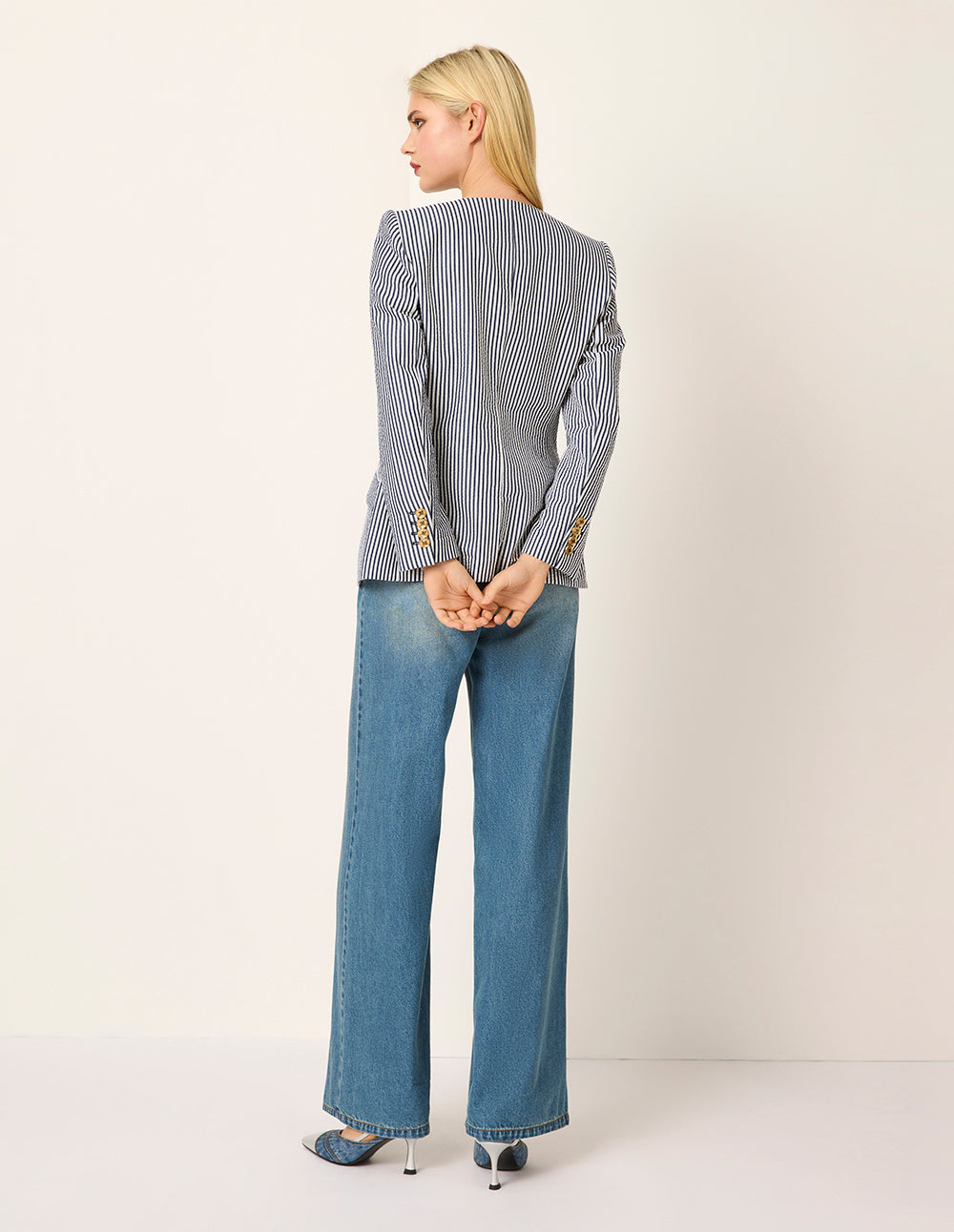 MARYLING V-Neck Long-Sleeve Double-Breasted Striped Wrap Blazer