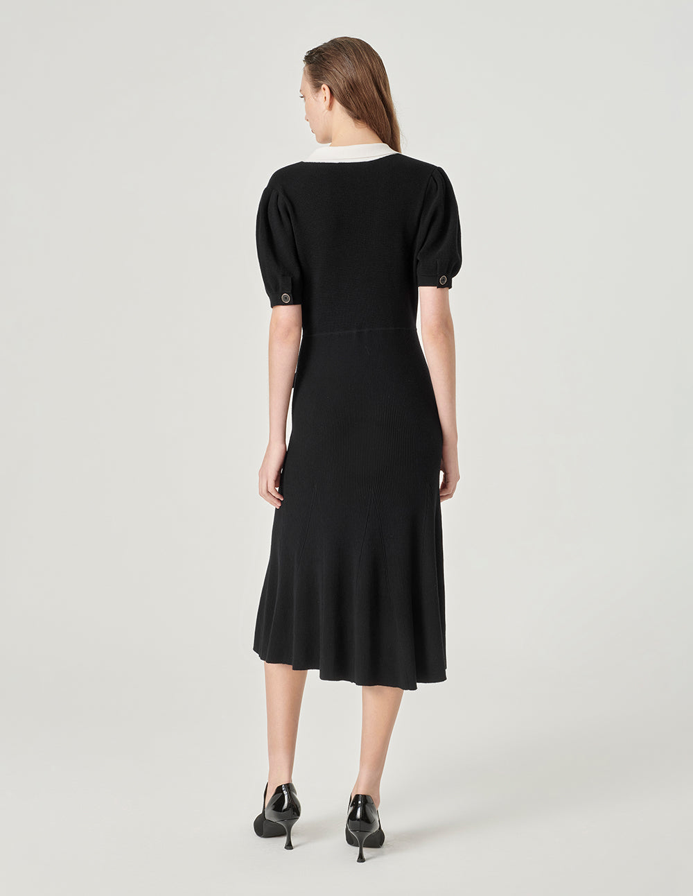 MARYLING Black And White Contrasting Lapel Short-Sleeved Knitted Dress