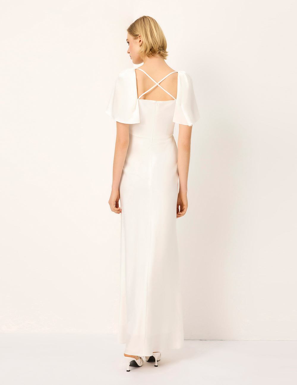 MARYLING V-Neck Flared Short-Sleeves Gathered Backless Satin White Evening Gown Dress
