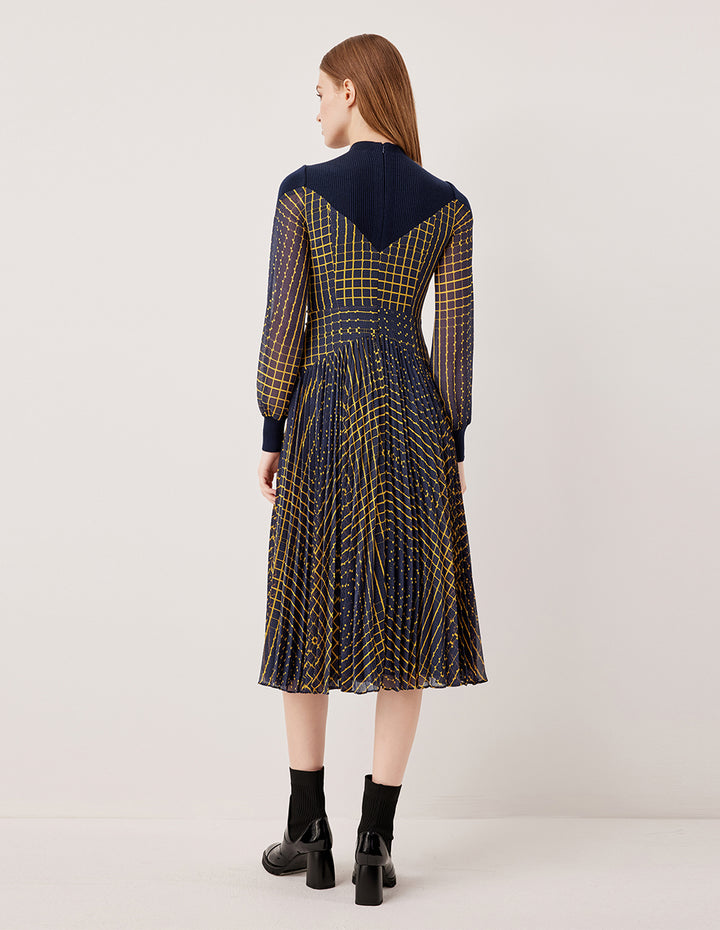 MARYLING Round Neck Knit Patchwork Plaid Pleated Midi Dress