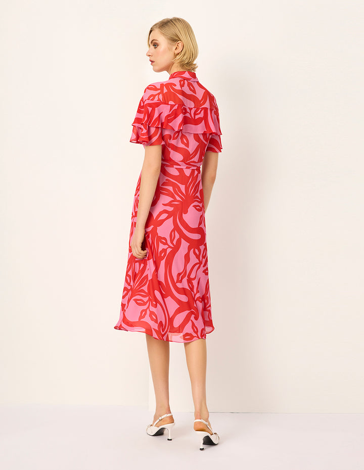 MARYLING Lapel Ruffle Short-Sleeve Floral Print Shirt Midi Dress