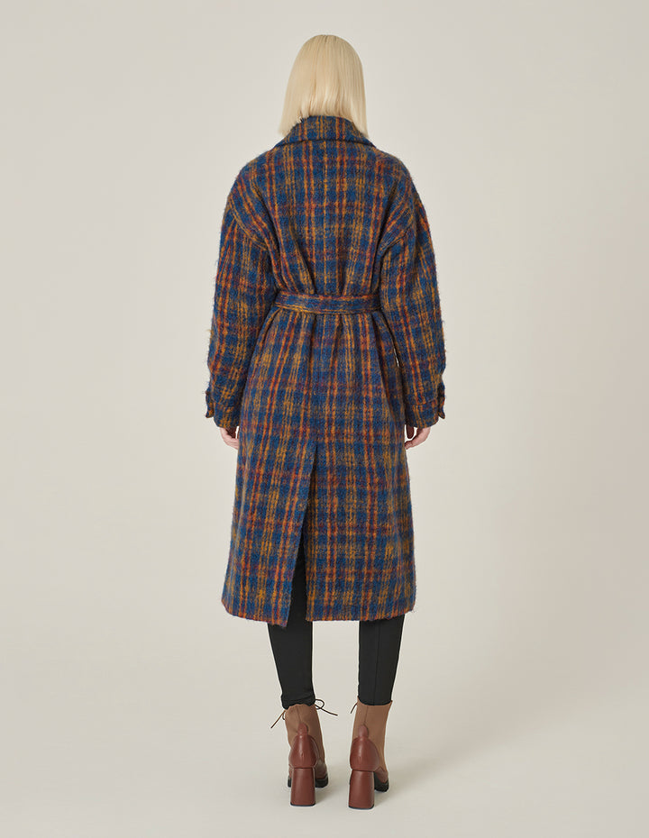 MARYLING Lapel Double-Breasted Red & Blue Plaid H-Shaped Coat