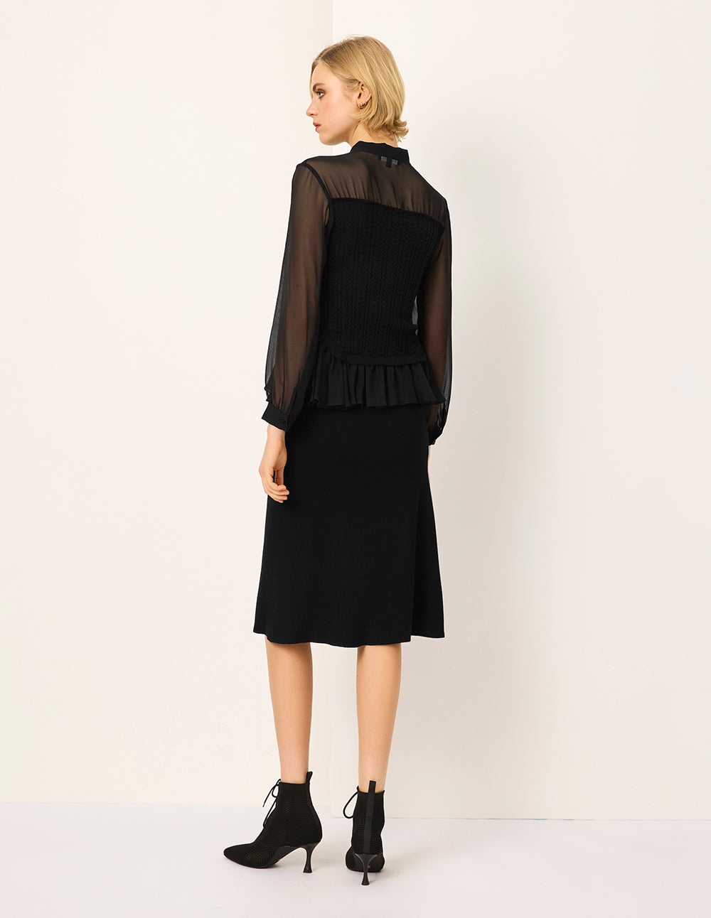 MARYLING Stand Tie Collar Long Sleeve Black Sheer Top