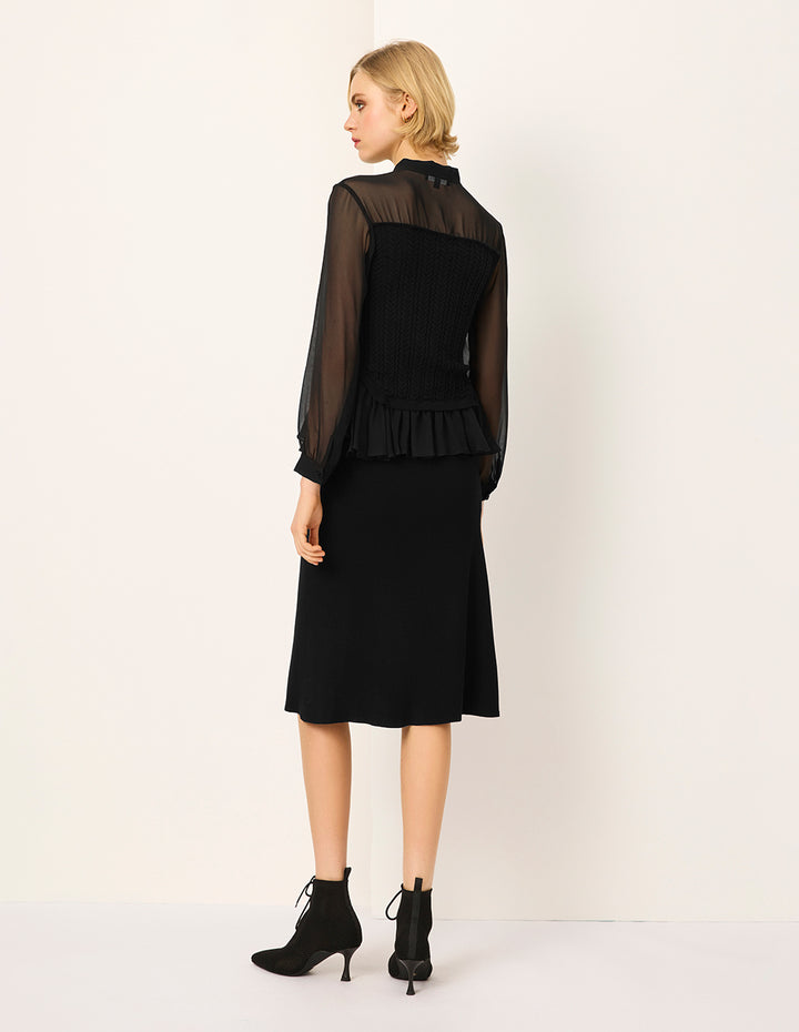 MARYLING Stand Tie Collar Long Sleeve Black Sheer Top