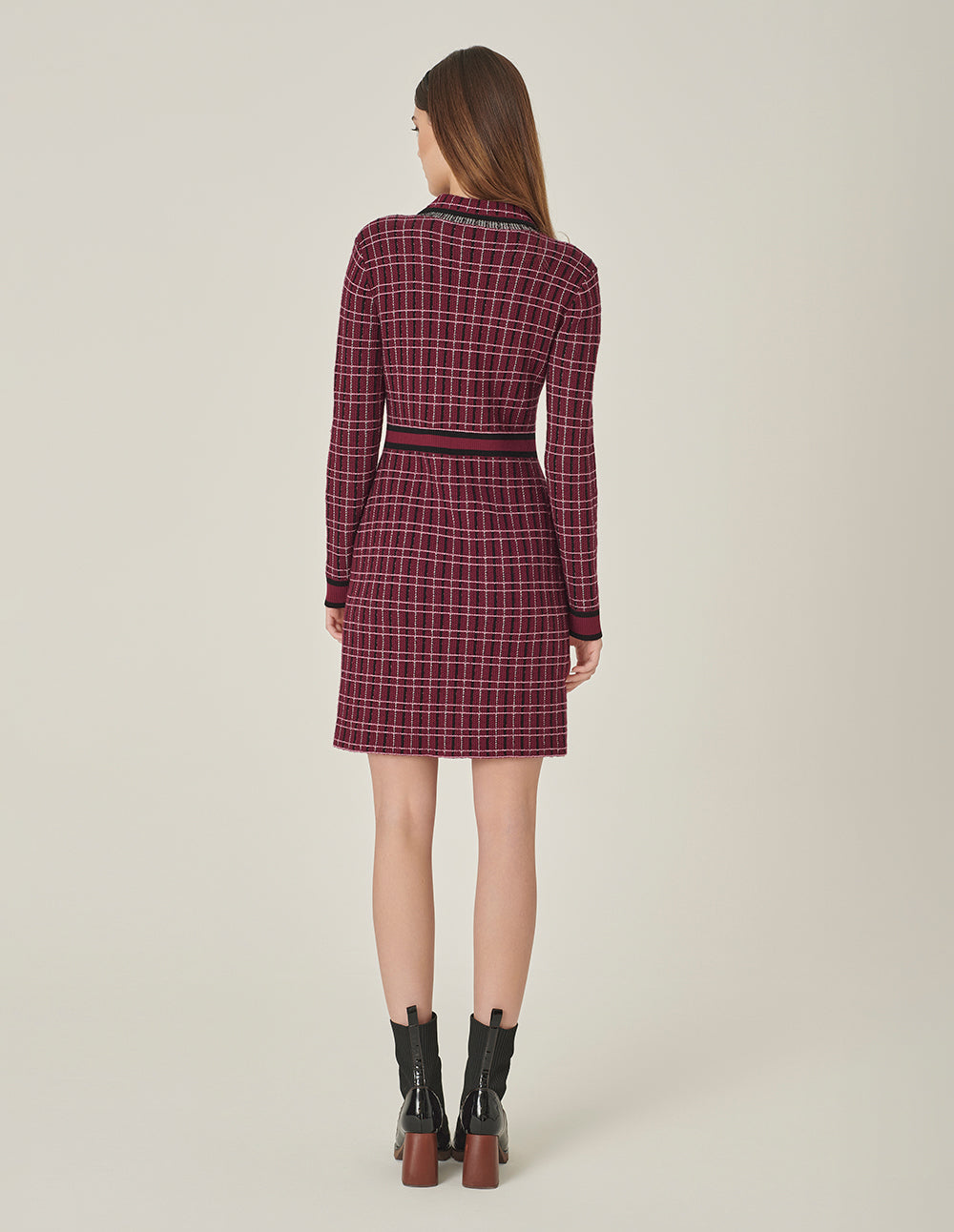 MARYLING Red & Black Plaid Long-Sleeve Imitation Tweed A-Line Knitted Midi Dress