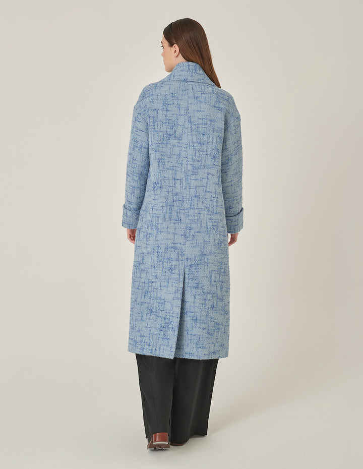 MARYLING Blue Loose Double-Breasted Long Tweed Wool Coat