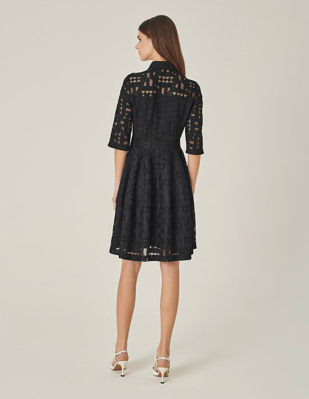 MARYLING Shirt Collar Half-Sleeve Black Lace Dress