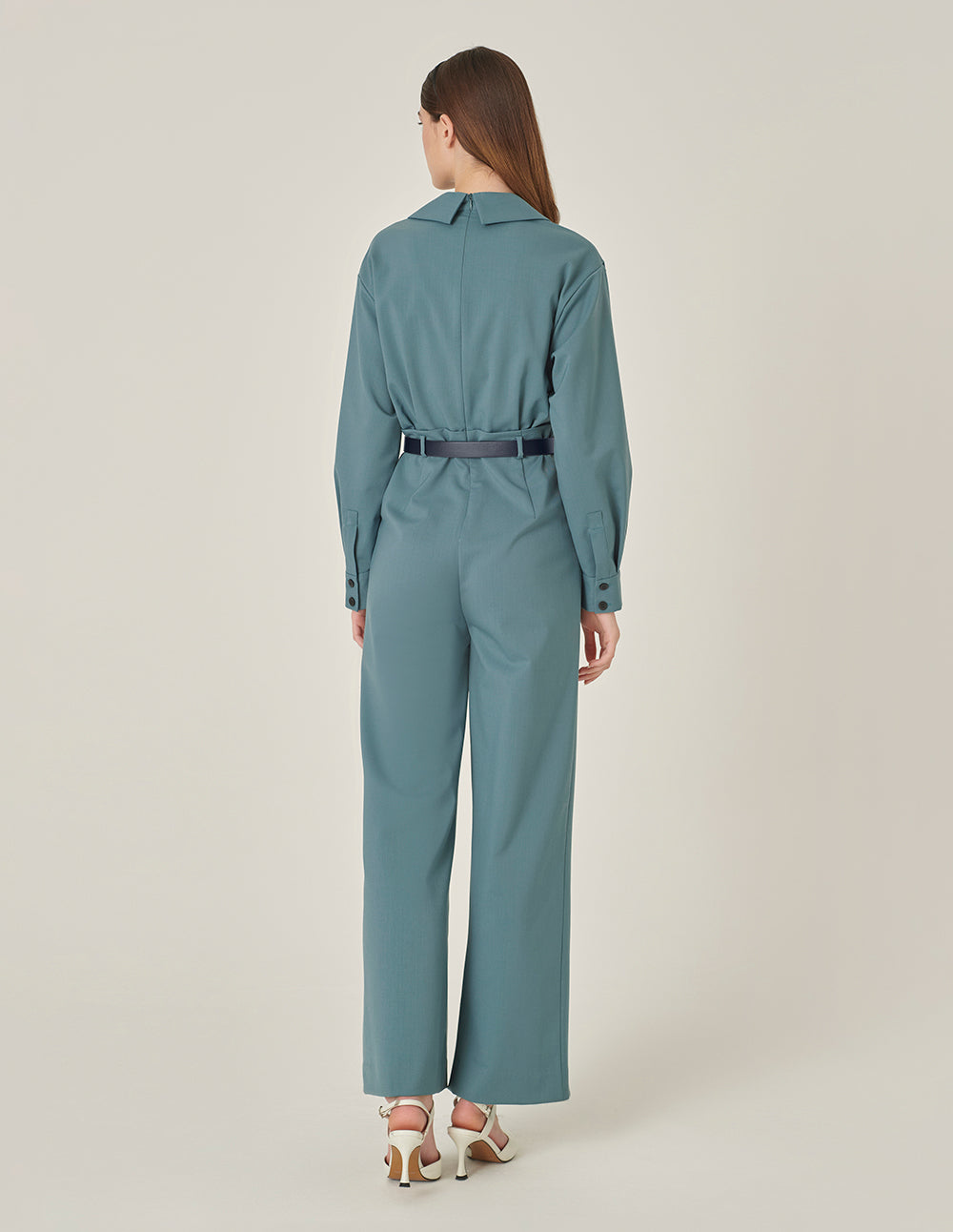 MARYLING Mist Blue Deep V Shirt Collar Wide Leg Jumpsuit
