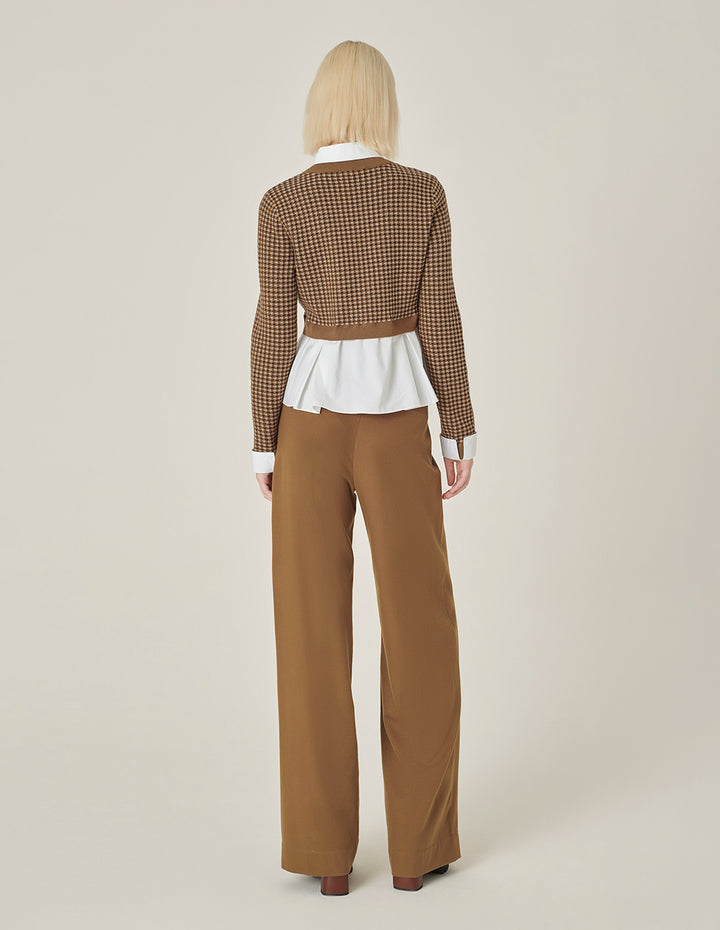 MARYLING Camel Checkered Patchwork Knit Blouse