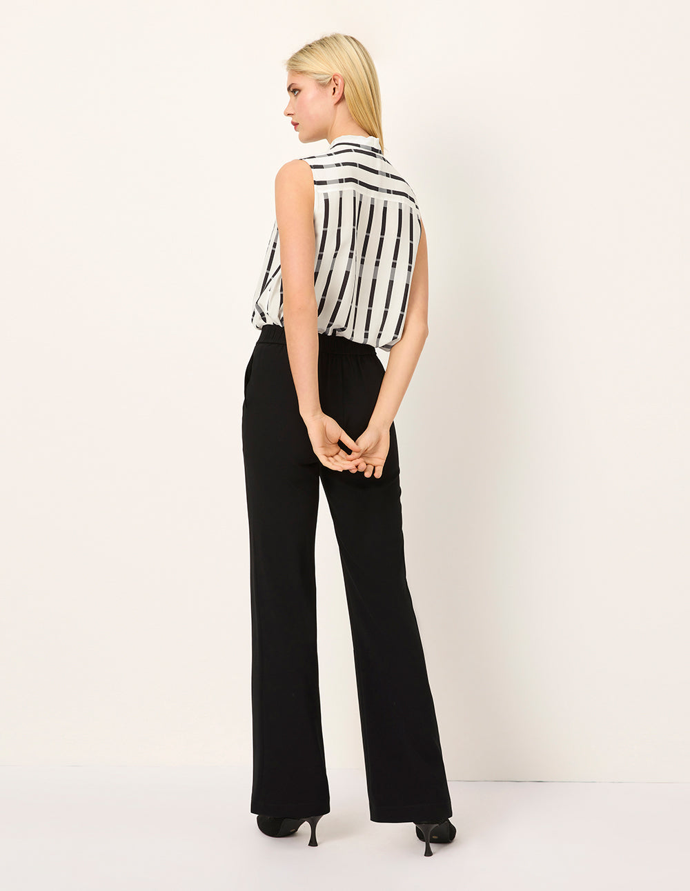 MARYLING Tie Neck Sleeveless Striped Asymmetric Top