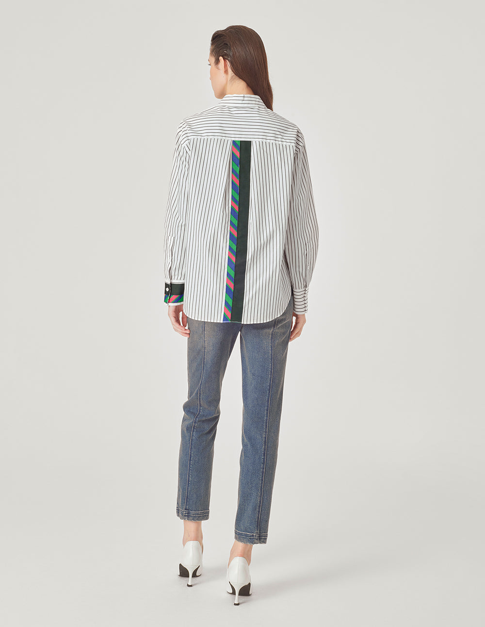 MARYLING Pinstriped Colorful Webbing Cotton Blouse