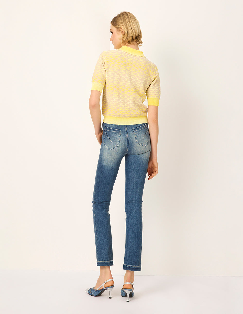 MARYLING Shirt-Collar Short Sleeve Gradient Yellow Knit Pullover