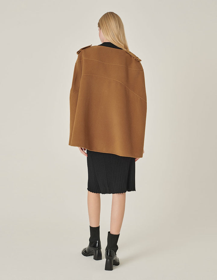 MARYLING Camel Silk Round Collar Cape Jacket