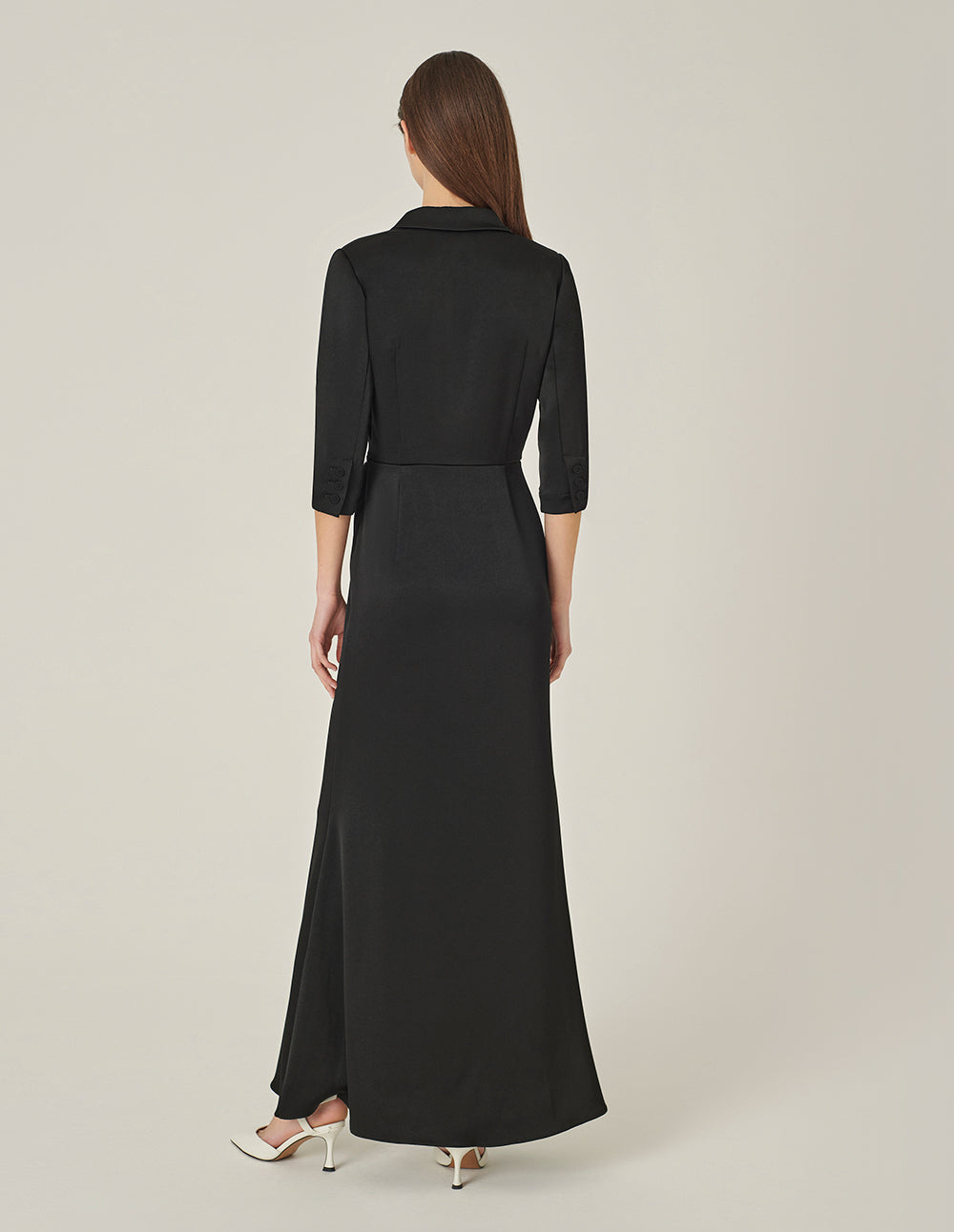 MARYLING Black Lapel Mid-Sleeve Slit Fishtail Evening-Dress