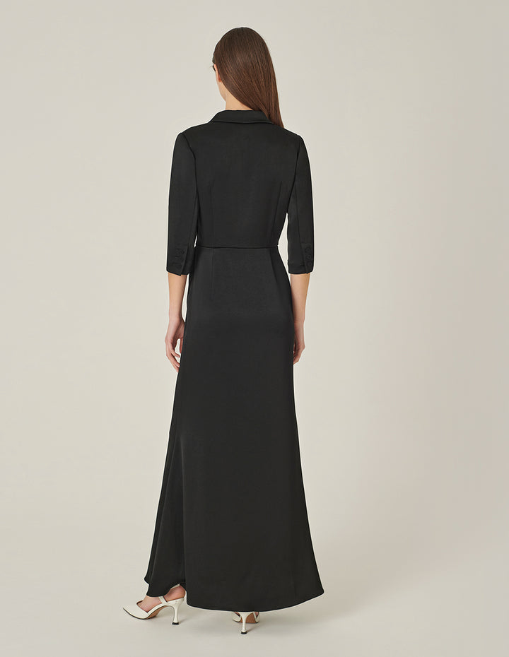 MARYLING Black Lapel Mid-Sleeve Slit Fishtail Evening-Dress