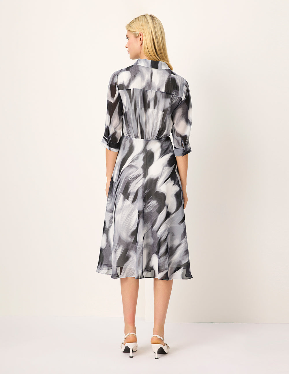 MARYLING Lapel Half-Sleeve Empire-Waist Ink Print Pleated Mid Shirt Dress