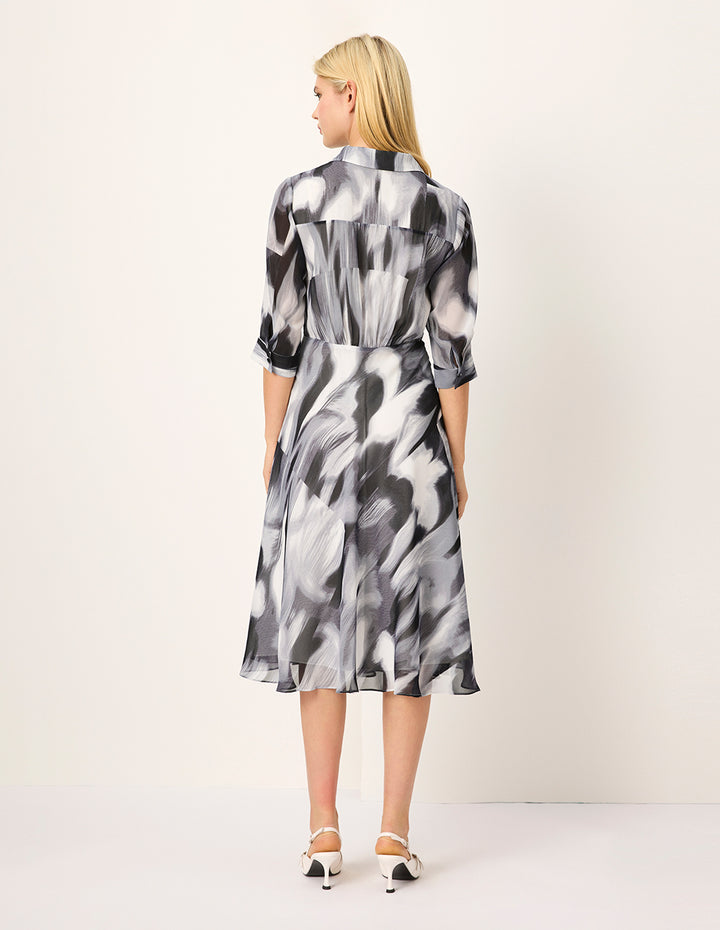 MARYLING Lapel Half-Sleeve Empire-Waist Ink Print Pleated Mid Shirt Dress