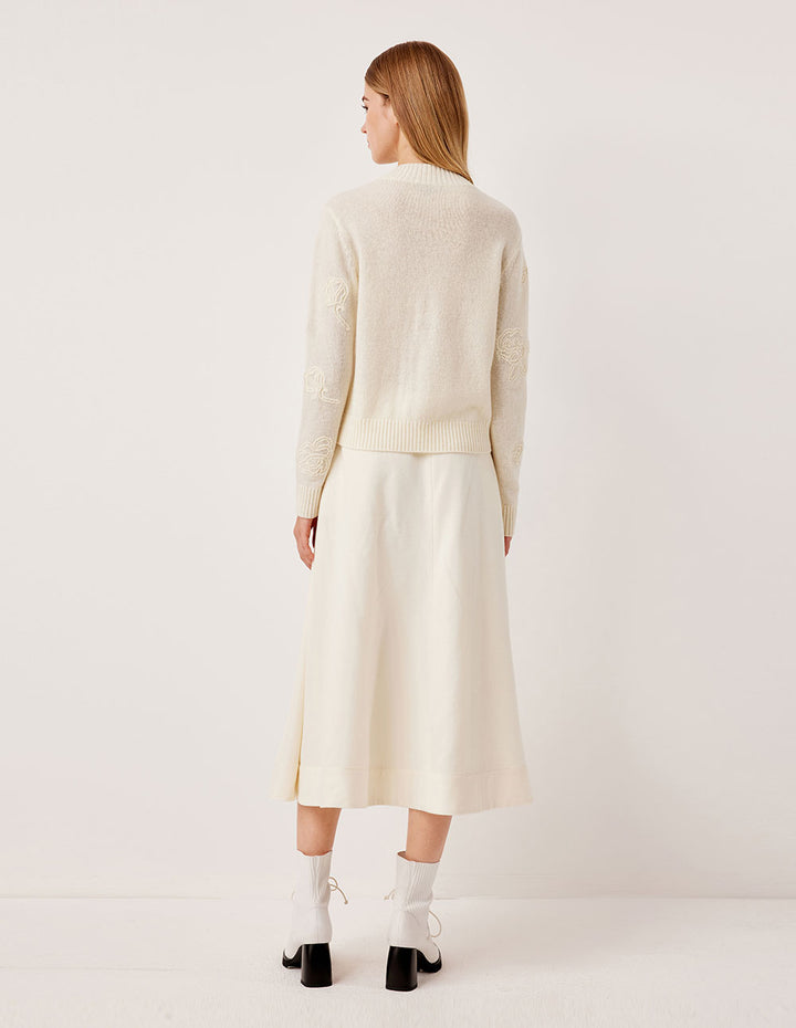 MARYLING Ribbed Round Neck Merino Wool Off-White Jacquard Pullover Sweater
