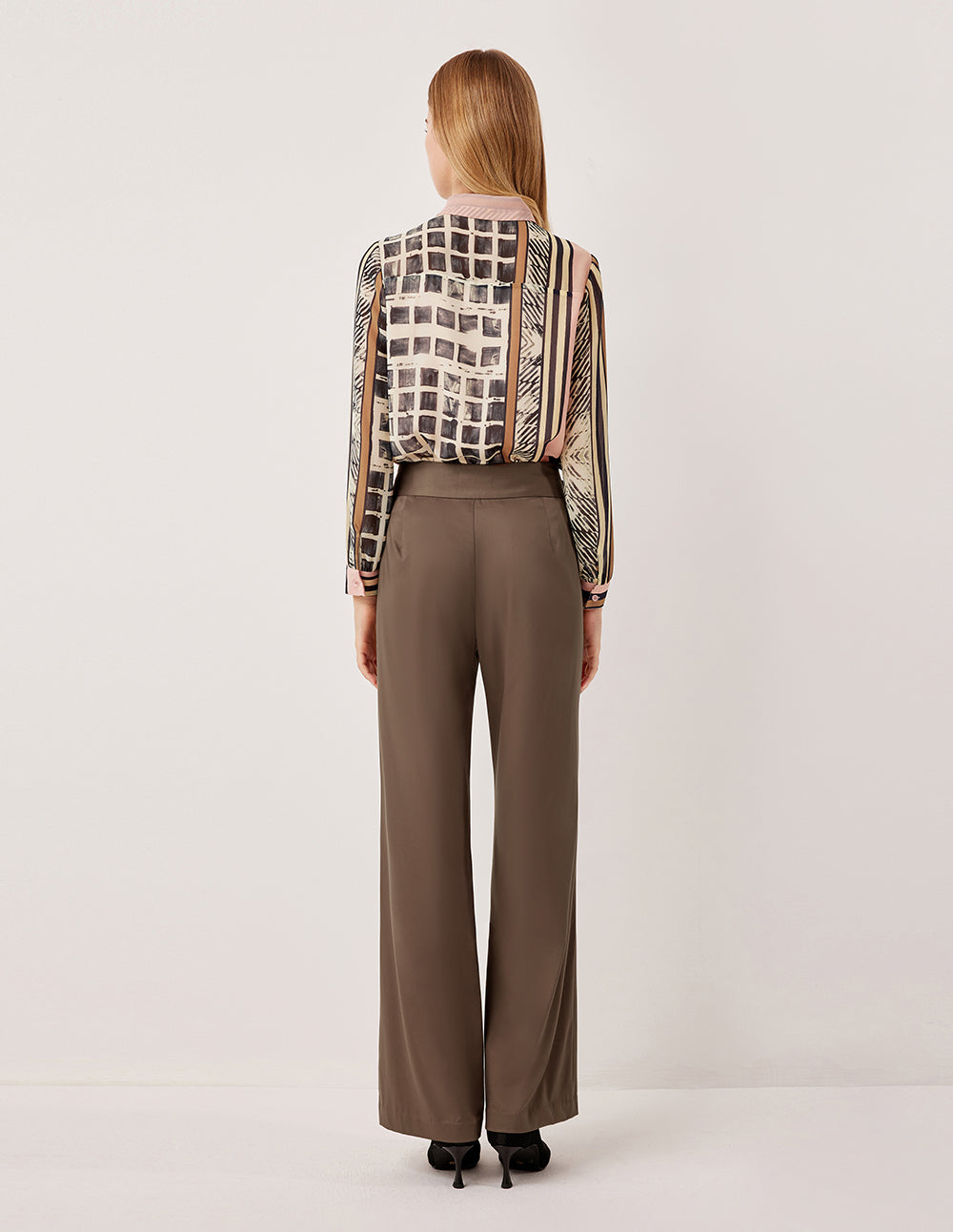 MARYLING Geometric Print Ruffle Detail Long Sleeve Blouse