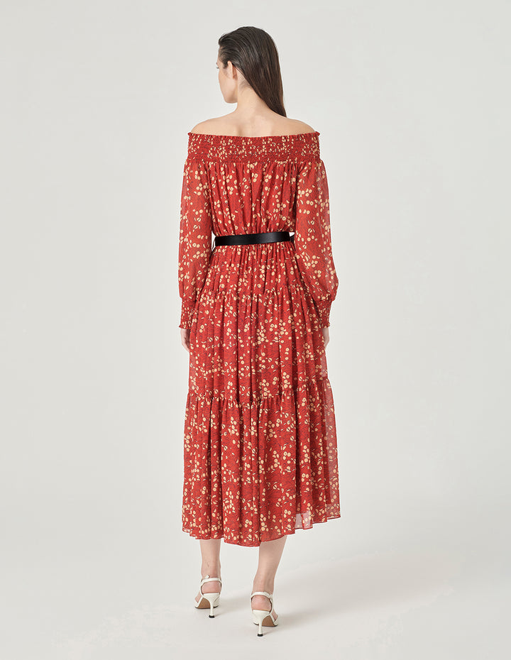 MARYLING Bateau Collar Printed Long Sleeve Dress