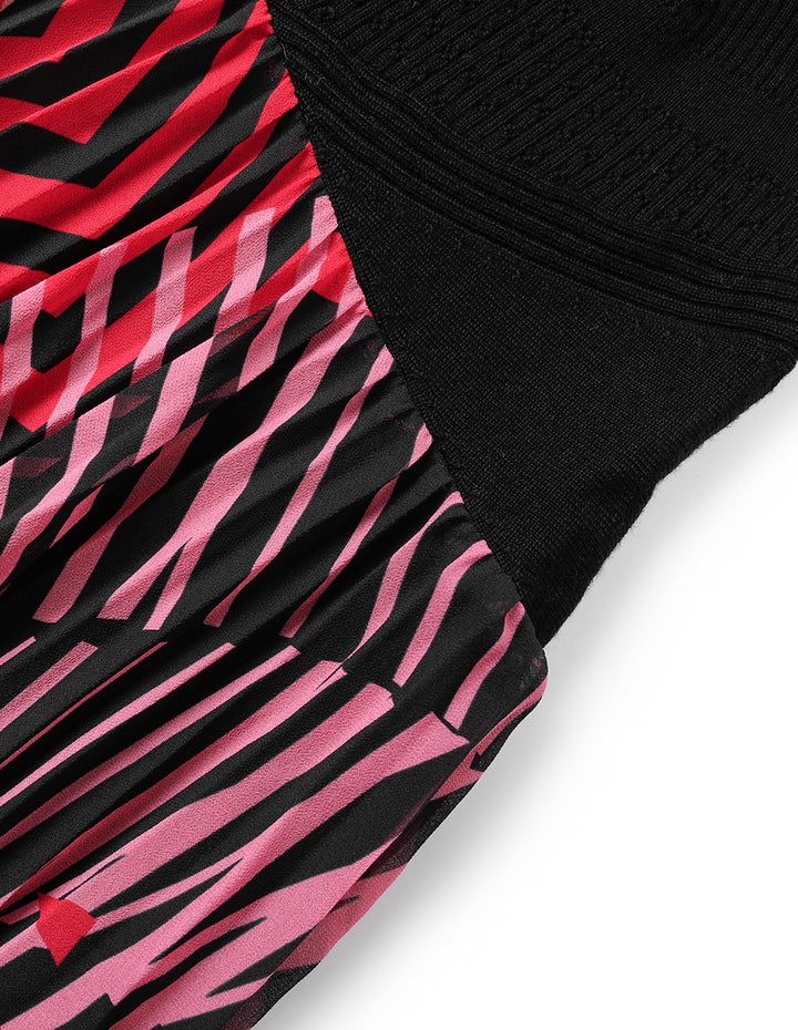 MARYLING Stripe-Printed Long Sleeve Patchwork Knitted Pleated Midi Dress