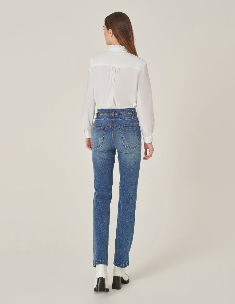 MARYLING Ruffle-Stand Collar Long-Sleeve Cotton Blouse