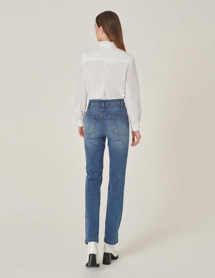 MARYLING Ruffle-Stand Collar Long-Sleeve Cotton Blouse