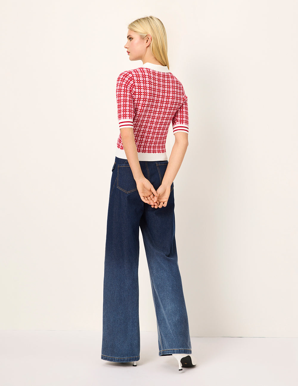 MARYLING Peter Pan Collar Red & White Checkered Short-Sleeves Sweater