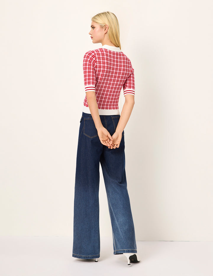 MARYLING Peter Pan Collar Red & White Checkered Short-Sleeves Sweater