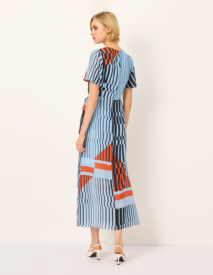 MARYLING V-Neck Short-Sleeve Wrap Empire-Waist Print Tie Silk Midi Dress