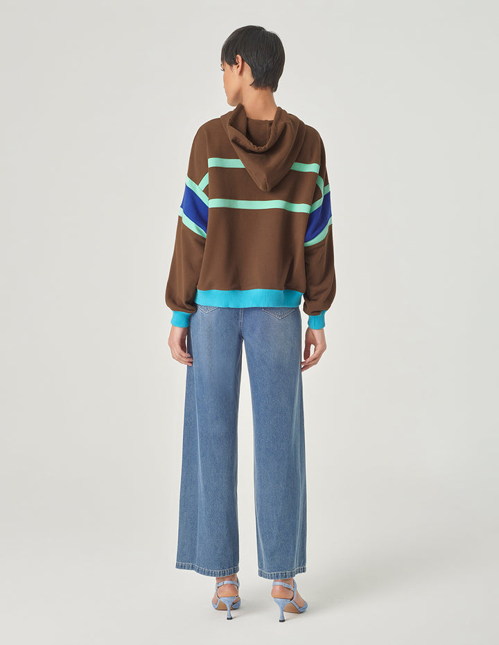 MARYLING Blue And Brown Colour Block Hooded Casual Sweatshirt