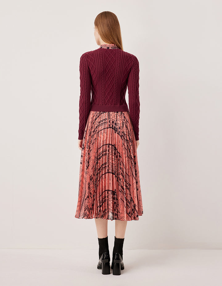 MARYLING Ruffled Turtleneck Tie-Up Printed Patchwork Pleated Knit Midi Dress