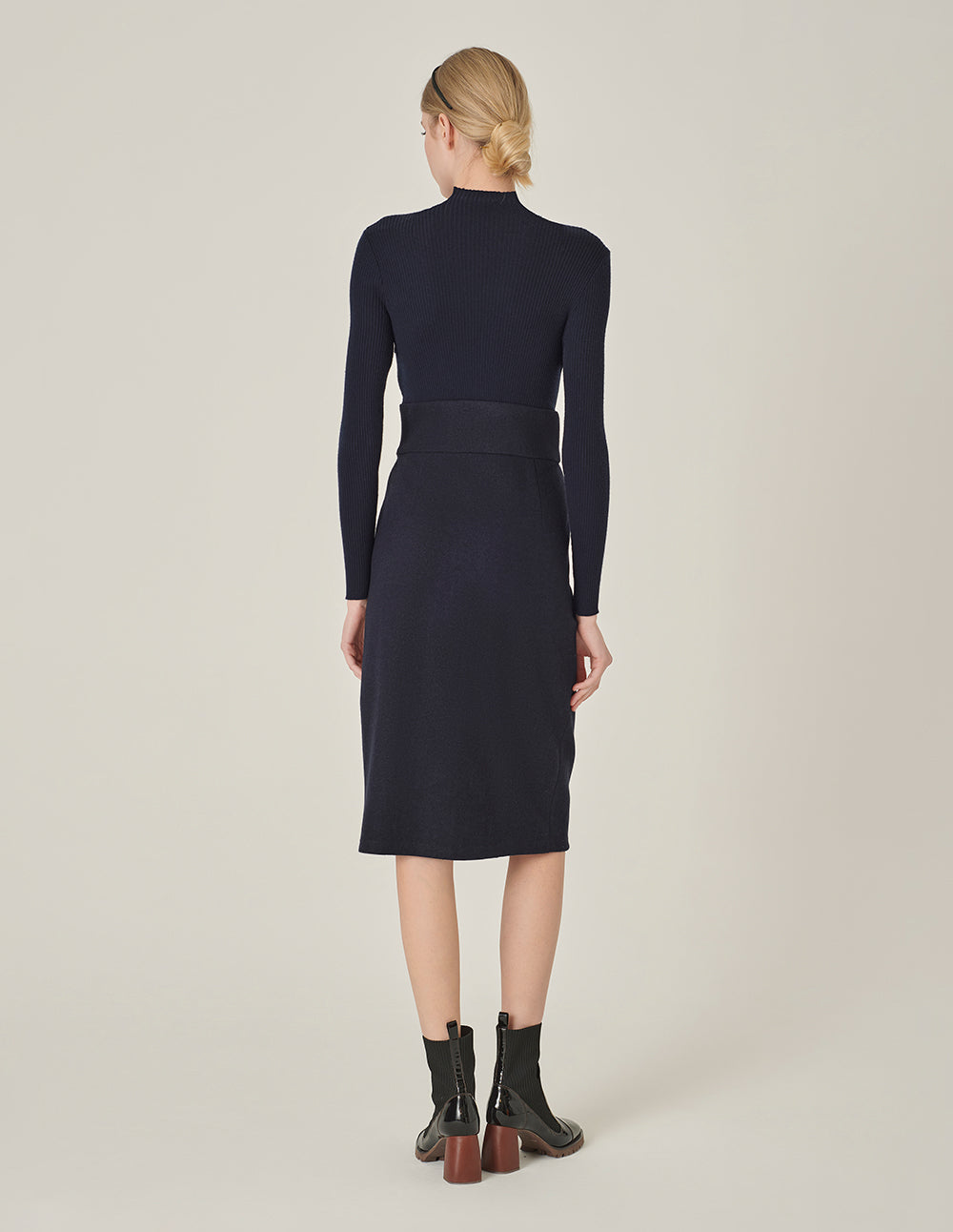 MARYLING Crew-Neck Long Sleeve Patchwork Sheath Slits Midi Knitted Wool Dress