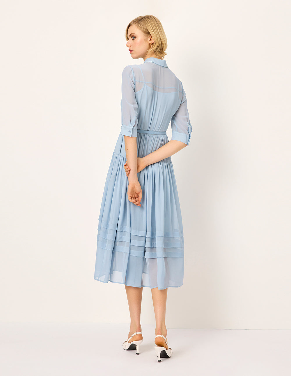 MARYLING Lapel Sheer Overlay Pin-Tuck Paneled Pleated Midi Shirt Dress